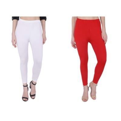 MADONA Ankel Lenth Western Wear Leggins (Solid) White,Red,Pack of 2