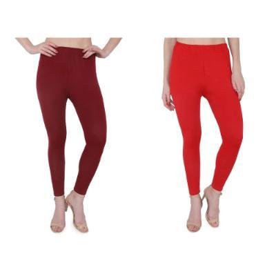 MADONA Ankel Lenth Western Wear Leggins (Solid) Red,Maroon,Pack of 2