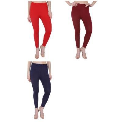 MADONA Ankel Lenth Western Wear Leggins (Solid)Red,Blue,Maroon, Pack of 3