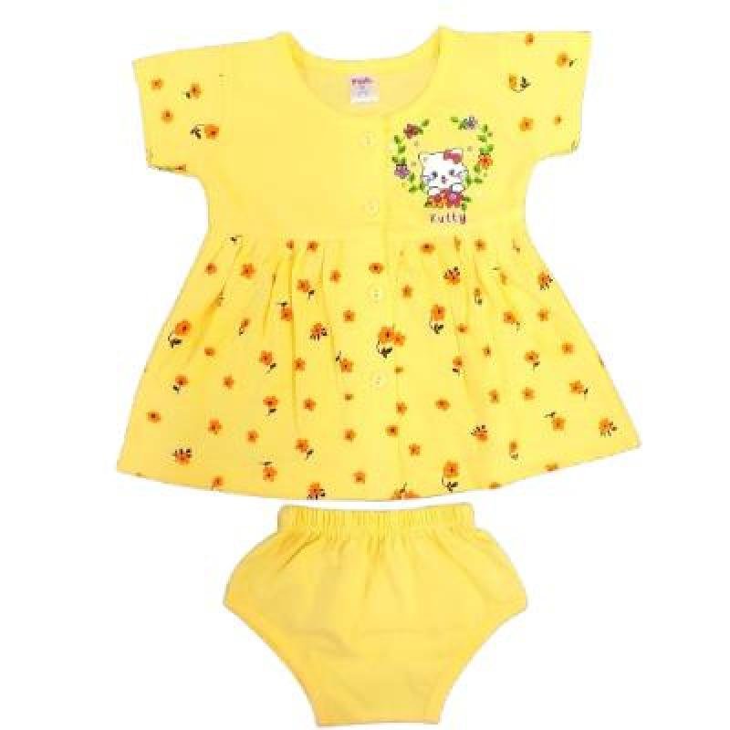 Pink Baby Girl's Front Open Frock With Panty (Yellow) PACK OF 1