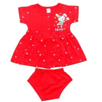 Pink Baby Girl's Front Open Frock With Panty (Red) PACK OF 1