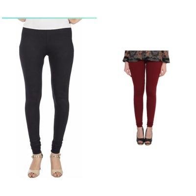 MADONA Full Lenth Western Wear Leggins (Solid) Black & Maroon Pack of 2