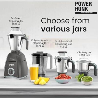 Havells Power Hunk (4 Jar) 800 watt Mixer Grinder with 3 Wider mouth Stainless Steel Jar, Hands Free operation, SS-304 Grade Blade & 7 year motor warranty (Grey)