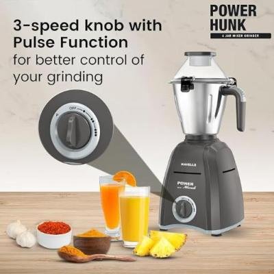 Havells Power Hunk (4 Jar) 800 watt Mixer Grinder with 3 Wider mouth Stainless Steel Jar, Hands Free operation, SS-304 Grade Blade & 7 year motor warranty (Grey)